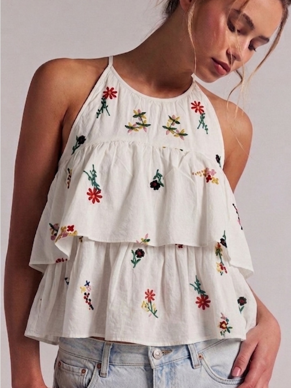 Zara Trafauluc Floral Embroidered Tiered Ruffle Halter Top Womens Size Small